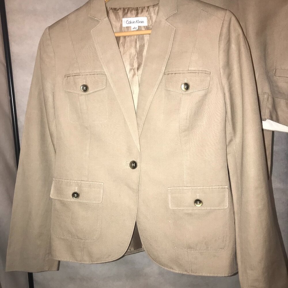 Women Calvin Klein Tan Linen/Cotton Pant Suit Blazer Jacket